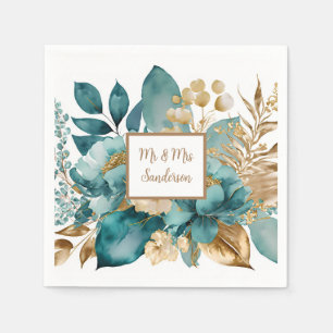 Serviette En Papier Mariage turquoise & or Floral