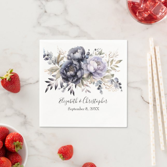 Serviette En Papier Mariage végétal personnalisé violet blanc (En situation)