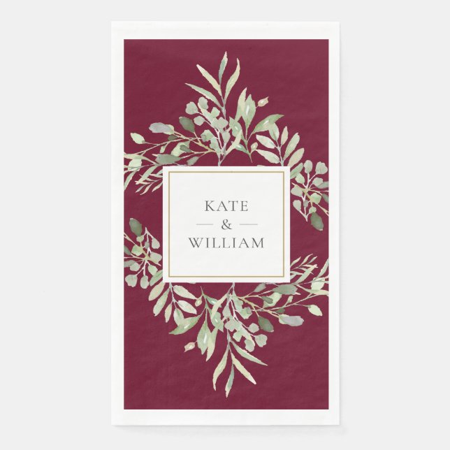 Serviette En Papier Mariage Vert Botanique Floral Rouge Bourgogne (Devant)