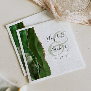 Serviette En Papier Mariage Vert Chasseur Or Script Agate Géode