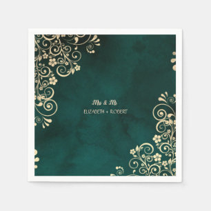 Serviette En Papier Mariage Vert Émeraude Tourbillons Dorés 