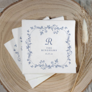 Serviette En Papier Mariage Victorien Fleuris Bleu Marine Monogramme F