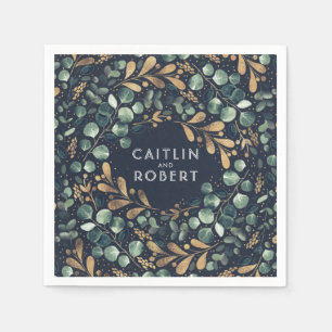 Serviette En Papier Mariage vintage bleu marine, vert et or