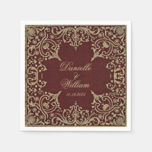 Serviette En Papier Mariage Vintage Bourgogne Gold Élégant Script