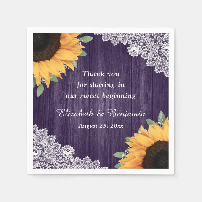Serviette En Papier Mariage violet de dentelle de bois rustique (Devant)