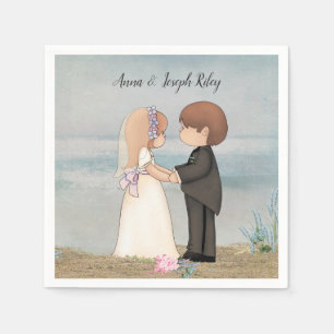 Serviette En Papier mariée mignonne et groom sur sable