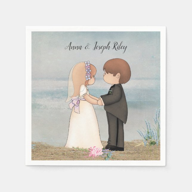 Serviette En Papier mariée mignonne et groom sur sable (Devant)