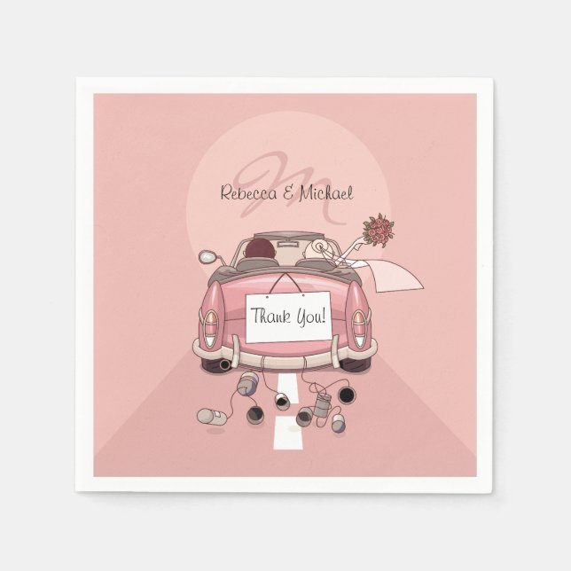 Serviette En Papier Mariée mignonne et voiture de transport rose Groom (Devant)