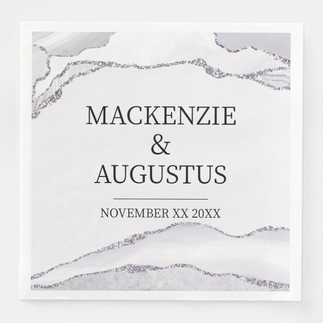 Serviette En Papier Mariés Argent Paillettes Grises Agate Mariage (Devant)