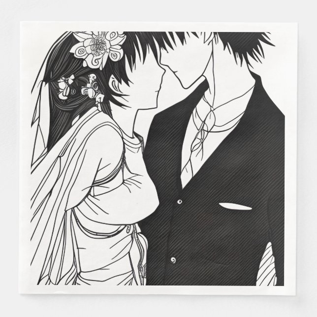Serviette En Papier Mariés de dessin animé noir et blanc pour mariage (Devant)