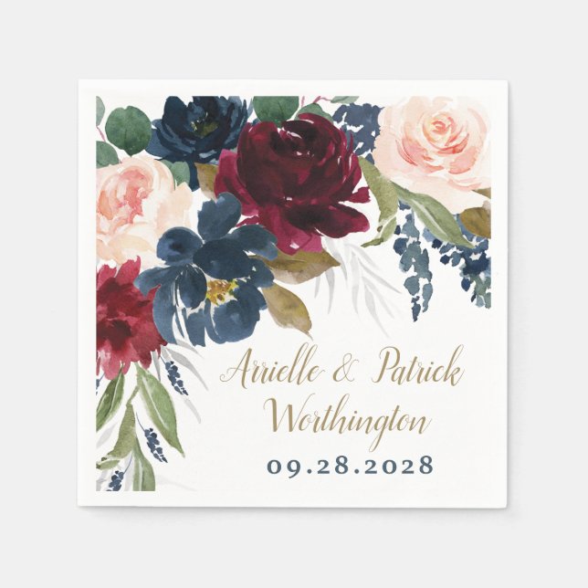 Serviette En Papier Marine Bleu Bourgogne Bleu rose Argent Mariage Or (Devant)