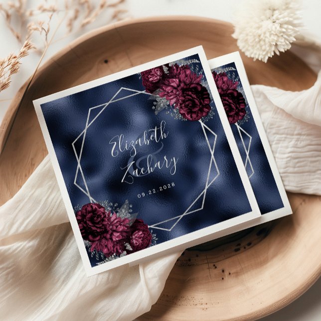 Serviette En Papier Marine Bleu Bourgogne Floral Argent Mariage géomét (Créateur téléchargé)