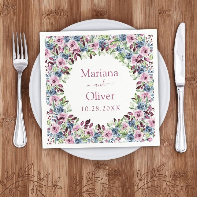 Serviette En Papier Marine Bleu Burgundy Vin Aquarelle Floral Mariage (Créateur téléchargé)