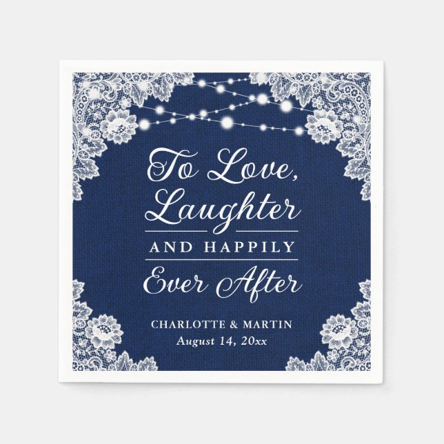 Serviette En Papier Marine Bleu Heureux Jamais Après Mariage Napkins (Devant)