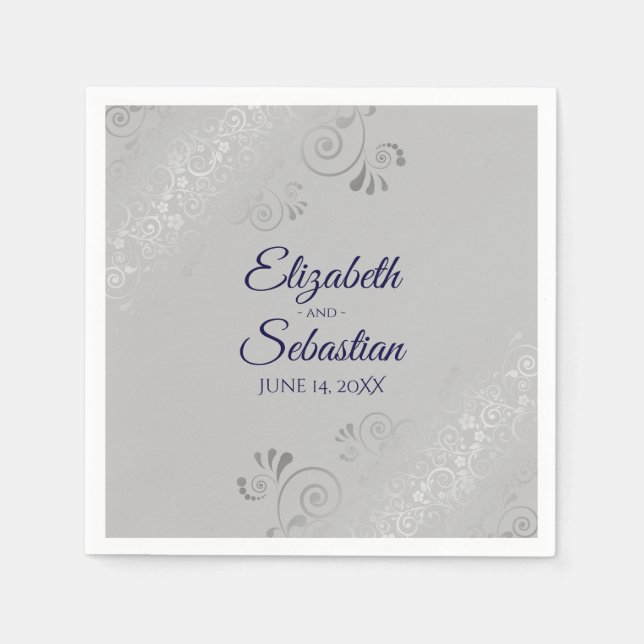 Serviette En Papier Marine Bleu sur Grey Silver Frills Mariage élégant (Devant)