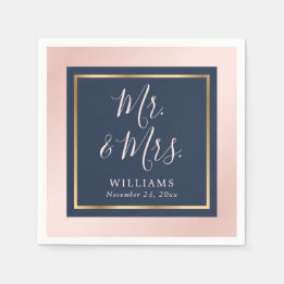 Serviette En Papier Marine Blue Blush Gold M. et Mme Mariage