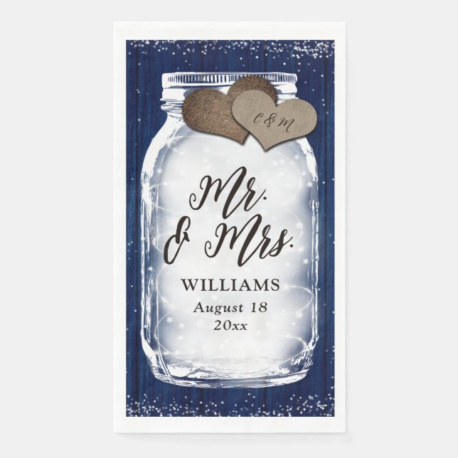 Serviette En Papier Marine Blue Mason Jar Barn Wood M & Mme Mariage (Devant)