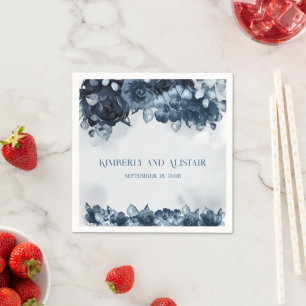 Serviette En Papier Marine Blue Peony Argent Eucalyptus Mariage de ver