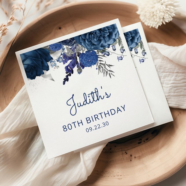 Serviette En Papier Marine Blue Silver Floral 80e fête d'anniversaire (Créateur téléchargé)