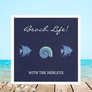 Serviette En Papier Marine Blue Stripes Nom de famille Fish Beach Hous