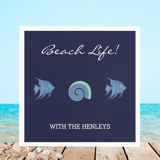 Serviette En Papier Marine Blue Stripes Nom de famille Fish Beach Hous (Créateur téléchargé)