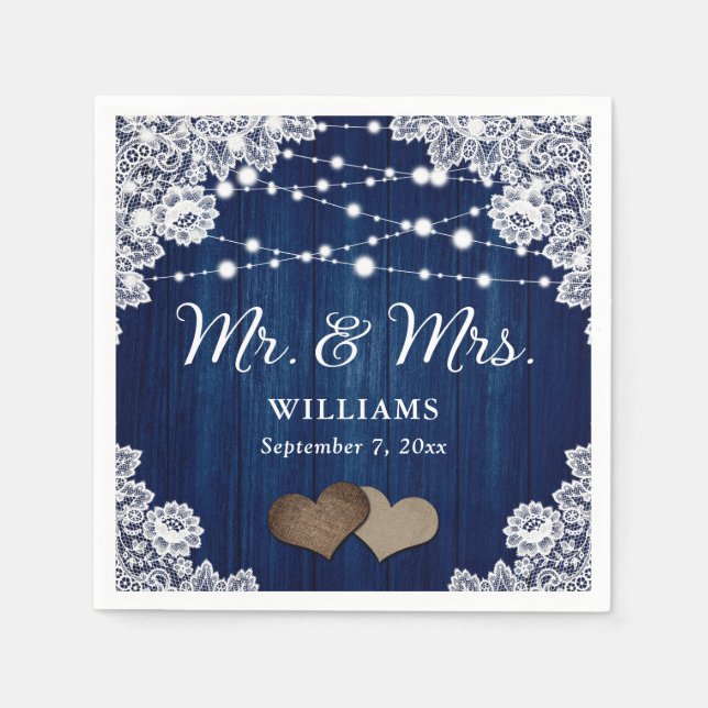 Serviette En Papier Marine Blue Wood Lace Hearts String Lights Mariage (Devant)
