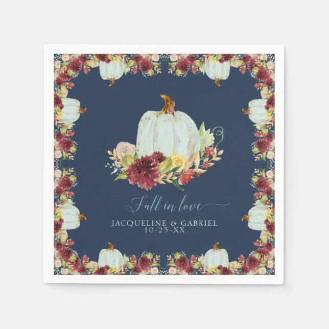 Serviette En Papier Marine Bourgogne Floral Rustic Automne en Amour Ci (Devant)