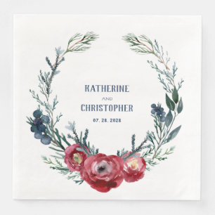 Serviette En Papier Marine Burgundy Wild Roses Juniper Branch & Berrie