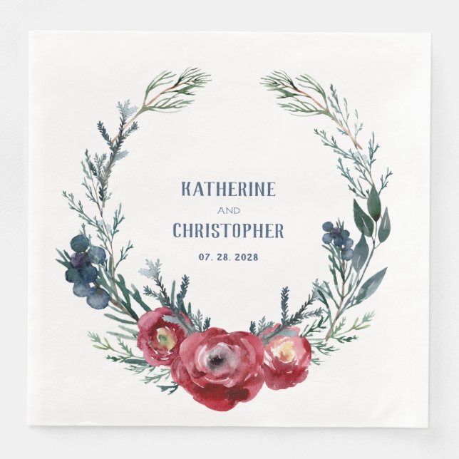 Serviette En Papier Marine Burgundy Wild Roses Juniper Branch & Berrie (Devant)