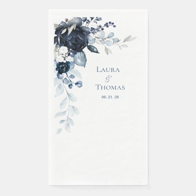 Serviette En Papier Marine Dusty Bleu & Blanc Élégant Mariage (Devant)