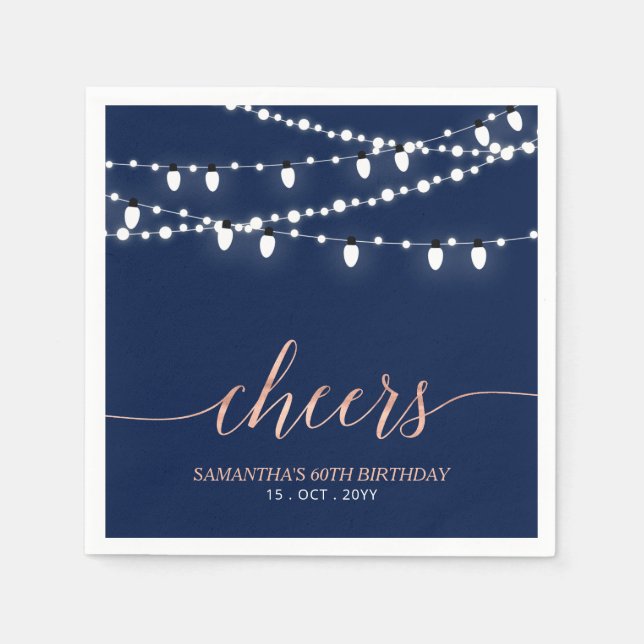 Serviette En Papier Marine et Rose Gold | Elégante fête d'anniversaire (Devant)