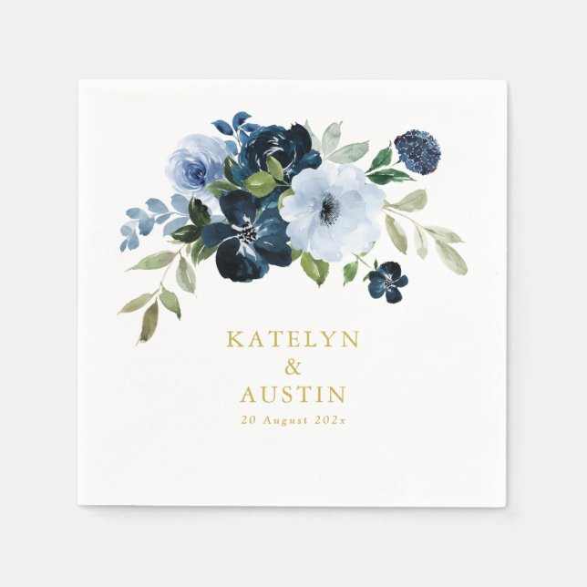 Serviette En Papier marine florale et mariage or (Devant)