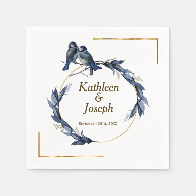 Serviette En Papier Marine Gold White Elegant Blue Birds Mariage servi (Devant)