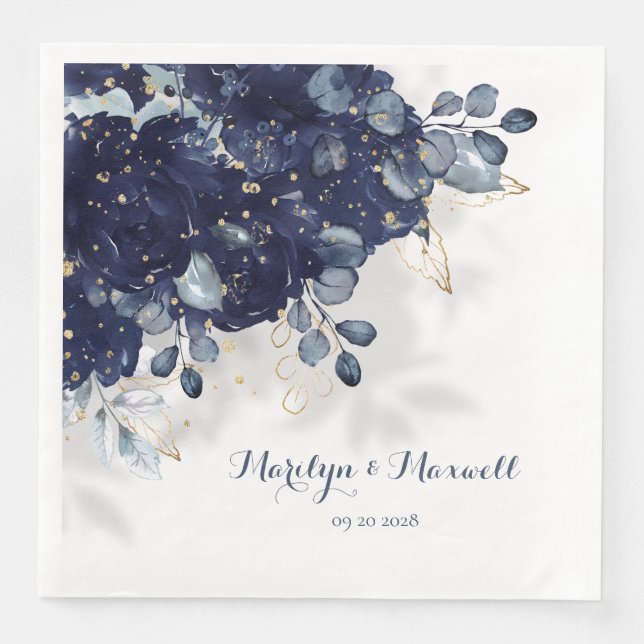 Serviette En Papier Marine Peony Eucalyptus Gold Splatz floral Ombre (Devant)