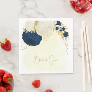 Serviette En Papier Marine romantique & fleurs blanches or mariage