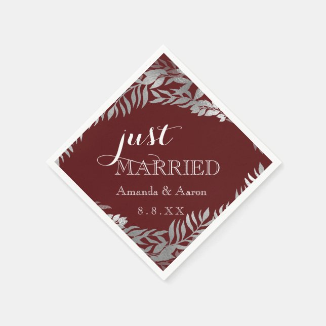 Serviette En Papier Maroon Bourgogne Floral Gris Juste Marié (Coin)
