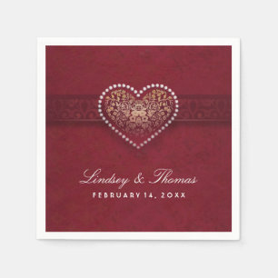 Serviette En Papier Maroon Rouge Or & Blanc Floral Mariage Coeur