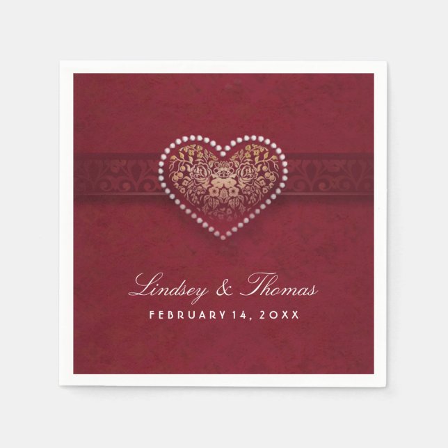 Serviette En Papier Maroon Rouge Or & Blanc Floral Mariage Coeur (Devant)
