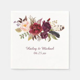 Serviette En Papier Marsala Bourgogne Roses Blanches Plumes Boho