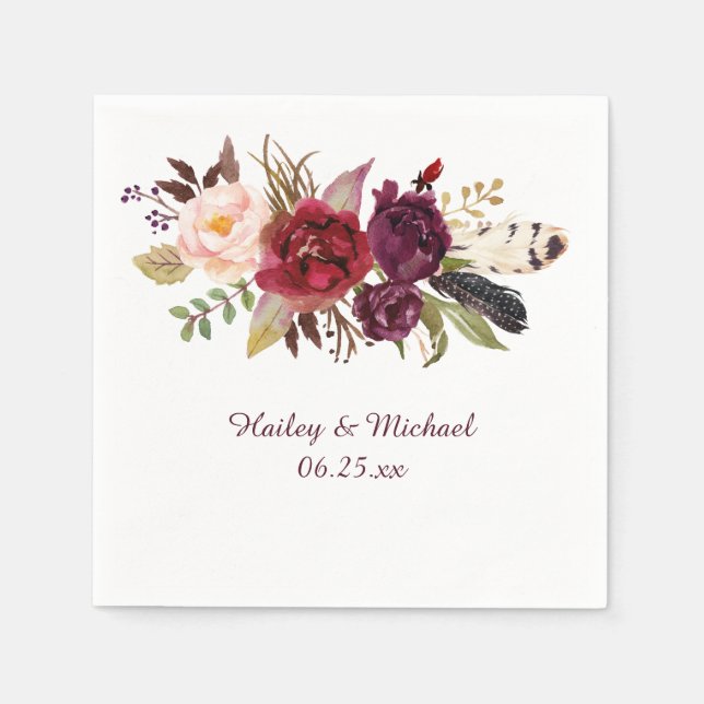 Serviette En Papier Marsala Bourgogne Roses Blanches Plumes Boho (Devant)