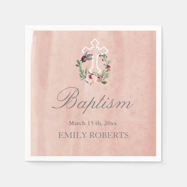 Serviette En Papier marsala rose pâle de baptême monogramme floral (Devant)