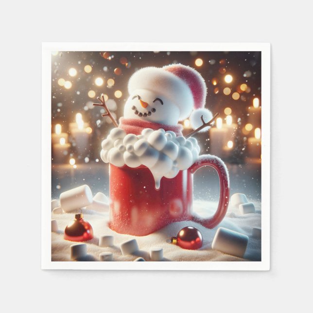 Serviette En Papier Marshmallow Snowman Dans Chocolat Chaud (Devant)