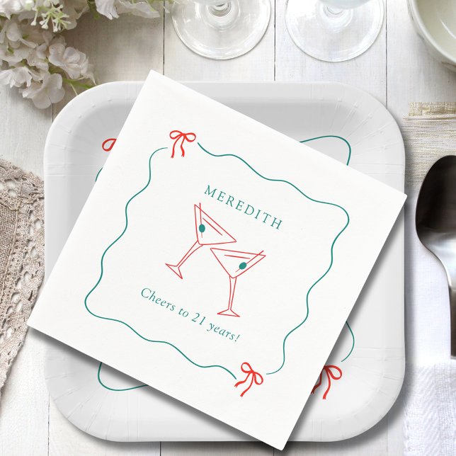 Serviette En Papier Martini fête ses 21 ans (Martini Cheers to 21 Years Wavy Doodle Border with Bows Birthday Party Paper Napkins)