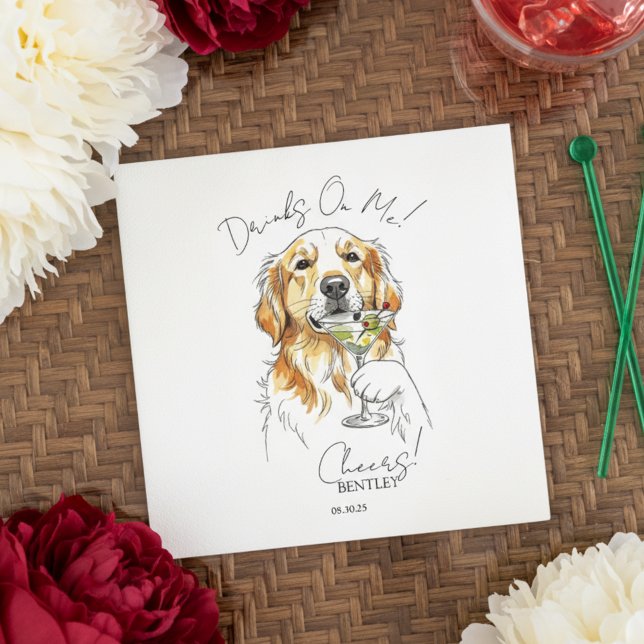 Serviette En Papier Martini Golden Retriever Open Bar (Toast your pet with this custom hand drawn golden retriever martini cocktail napkin!)