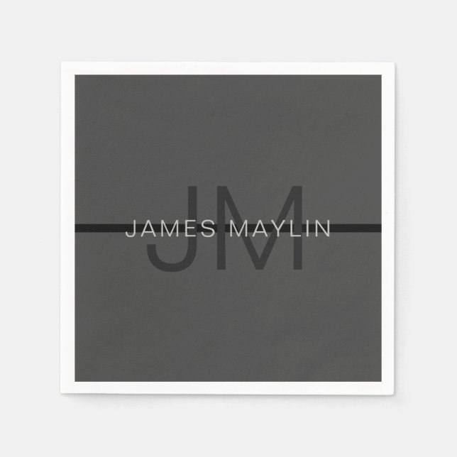 Serviette En Papier Masculine élégant gris foncé Nom et monogramme (Devant)