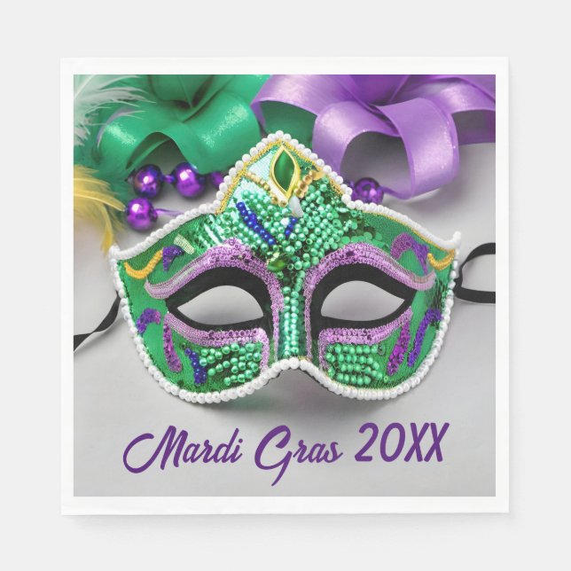 Serviette En Papier Masque Et Perles Mardi Gras (Devant)