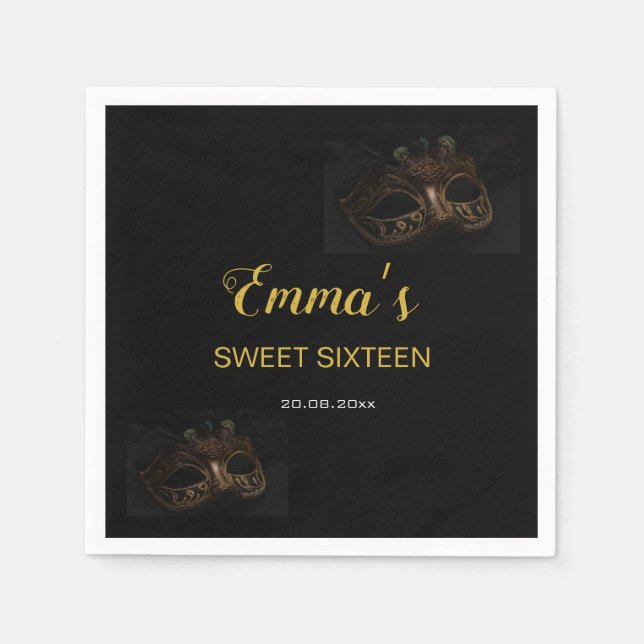 Serviette En Papier Masque noir & or élégant Masquerade Masque 16 Anni (Devant)