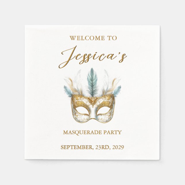 Serviette En Papier Masque or et blanc Masquerade fête Anniversaire (Devant)