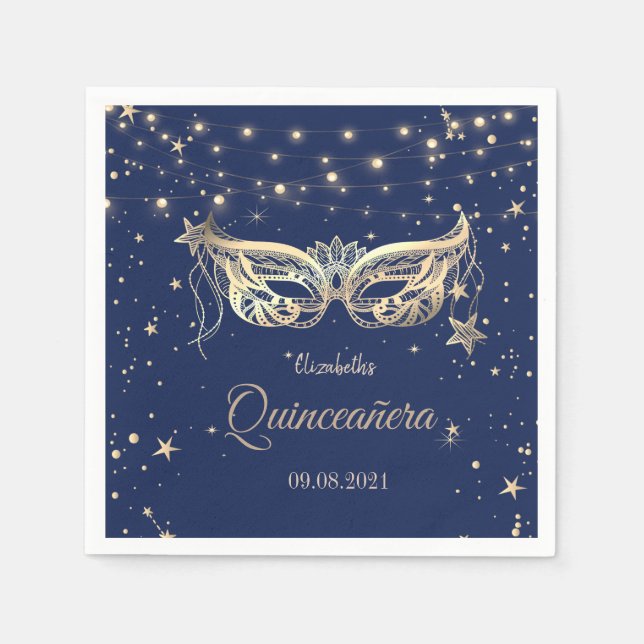Serviette En Papier Masquerade, Marine Bleu Stars Quinceañera (Devant)