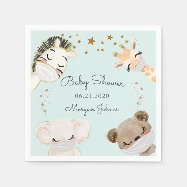 Serviette En Papier masques de visage animal baby shower monogramme se (Devant)